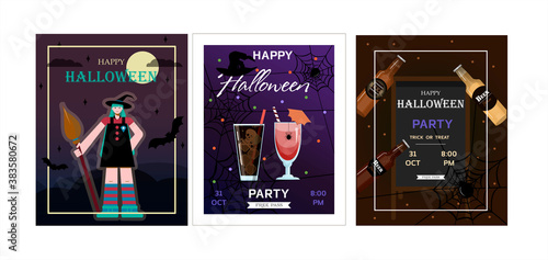 Halloween Party Design template, with pumpkin, sweets, spiders, witches, cookies, balloons and sales information. Flyers for advertising, sales. A set of bright illustrations with beer, drinks and