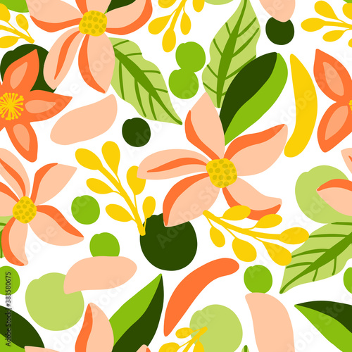 Hand drawn abstract flower pattern. Creative collage contemporary seamless pattern. Natural and trendy colors. Fashionable template for design.