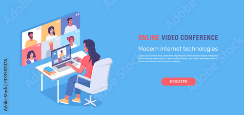 Video conference online isometric template vector illustration 