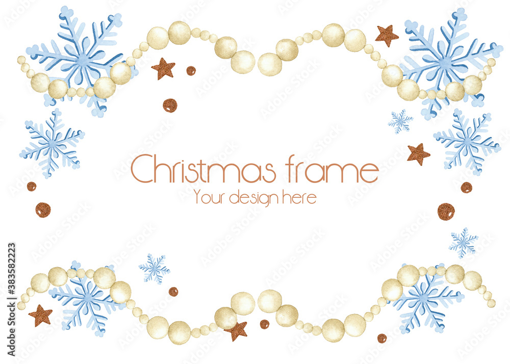 Christmas beads frame snowflakes stars watercolor vector on white background