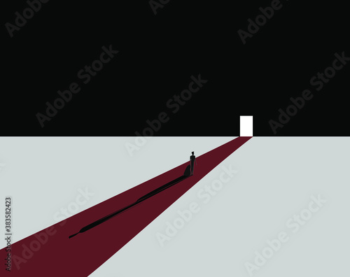Concept illustration with man standing beside white door. Light in the end of tunnel. Little door with light and long shadow. Faith, forgiveness and people sins, and way to eternal life