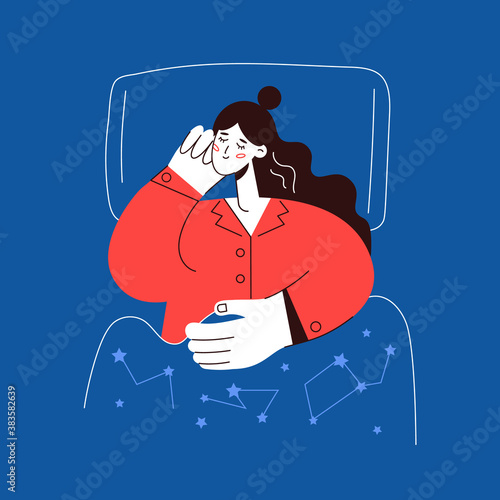 Healthy sleep vector illustration woman bed dreams