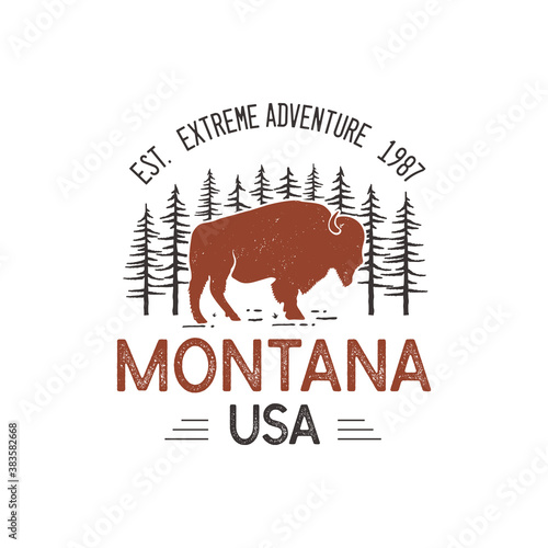 Montana USA logo template, retro national park adventure emblem design with bison buffalo and trees head. Unusual vintage art style sticker. Stock vector label
