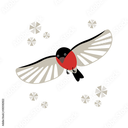 Stylish bullfinch flies with spread wings on a white isolated background with snowflakes swirling in the air. Vector flat illustration for winter greeting cards, decorations, icons or logos