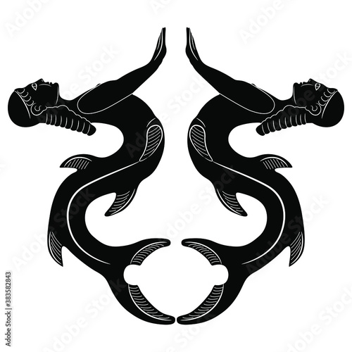 Symmetrical decor with two antique mermaids or sirens. Fantastic lady with fish tail. Black and white silhouette.