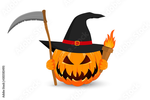 Grim Reaper. Pumpkin with torch and sickle on white background. The main symbol of the Happy Halloween holiday. Orange pumpkin with smile.