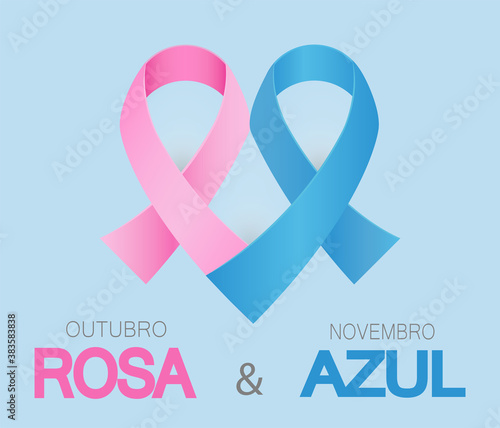 Pink October blue November in Portuguese language. Pink and blue awareness ribbon vector. Breast and prostate cancer together in heart shape. Pink October blue November concept.