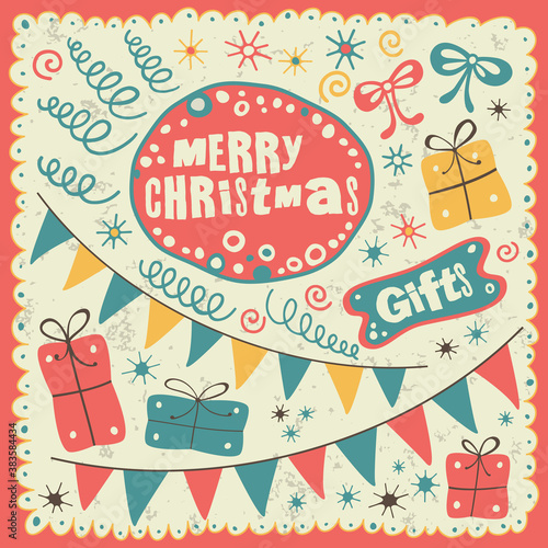 Christmas set with lettering, serpentine, gifts, frame. Retro style.Christmas set with lettering, serpentine, gifts, frame. Retro style.