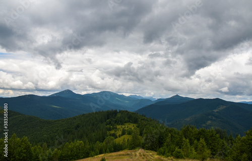 A scenic view of the mountains landscape, forest, meadows and pasture on the background with a cloudy sky covering the Carpathian ridge, Ukraine © Dmytro