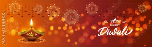 Vector illustration for  greeting of happy diwali, festival of lights, diya lamp, oil lamp, diya danglers, patterns, colorful bokeh background