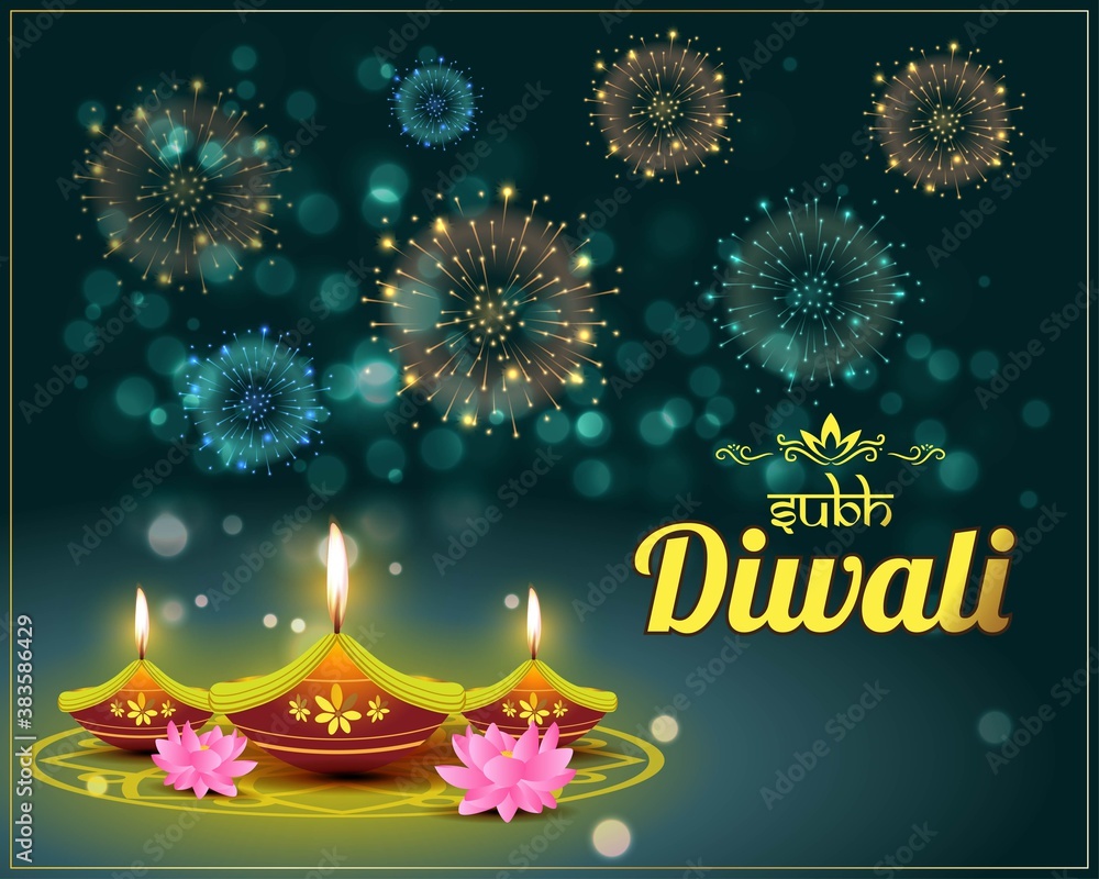 Vector greeting of Subh Diwali means happy diwali, festival of lights, diya lamp, oil lamp, diya danglers, patterns, colorful bokeh background, vector Vector greeting of Subh Diwali means happy diwali, festival of lights, diya lamp, oil lamp, diya danglers, patterns, colorful bokeh background, vector
