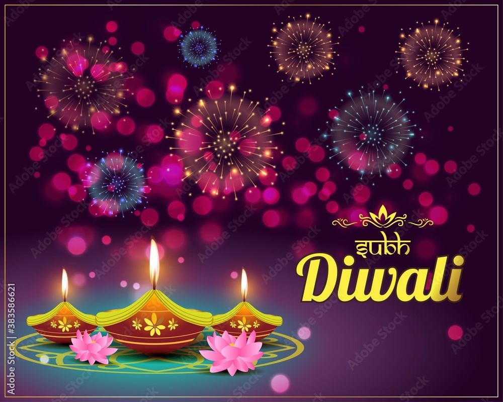 Vector greeting of Subh Diwali means happy diwali, festival of lights, diya lamp, oil lamp, diya danglers, patterns, colorful bokeh background, vector Vector greeting of Subh Diwali means happy diwali, festival of lights, diya lamp, oil lamp, diya danglers, patterns, colorful bokeh background, vector