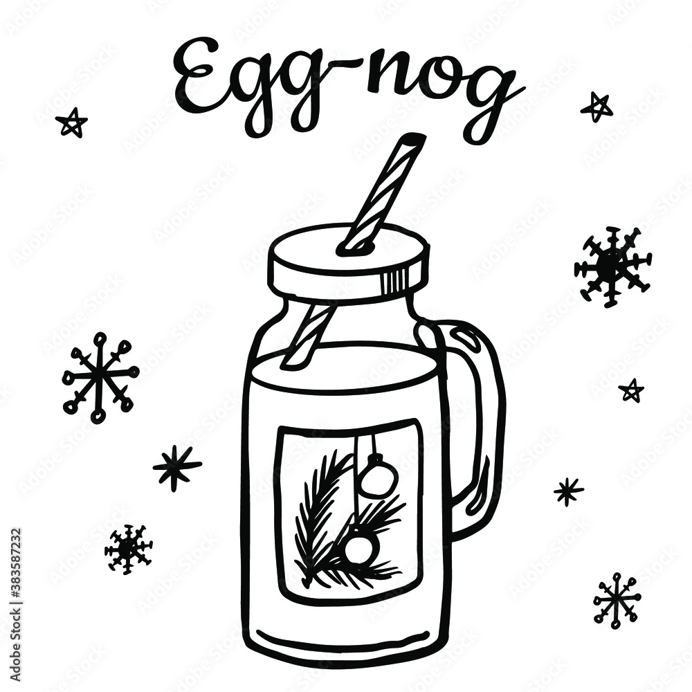 Eggnog line illustration with straw and label isolated on white ...