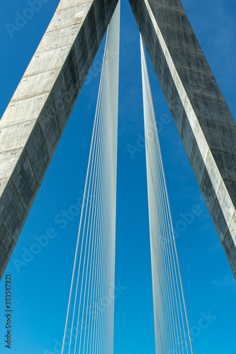 Detail of suspension bridge, support tower and tie rods or tension cables