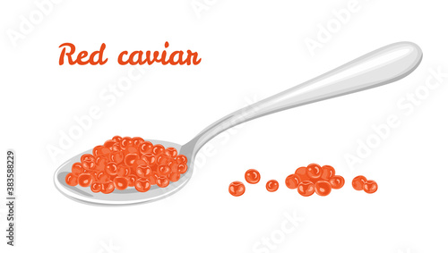 Red caviar in metal spoon isolated on white. Vector illustration of seafood. Cartoon flat style.