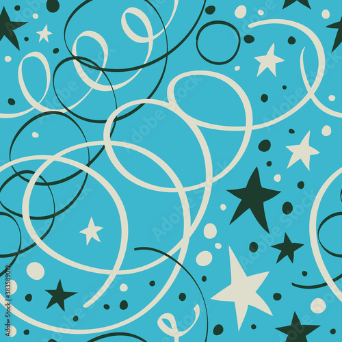 Seamless pattern with serpentine and confetti on a blue background.
