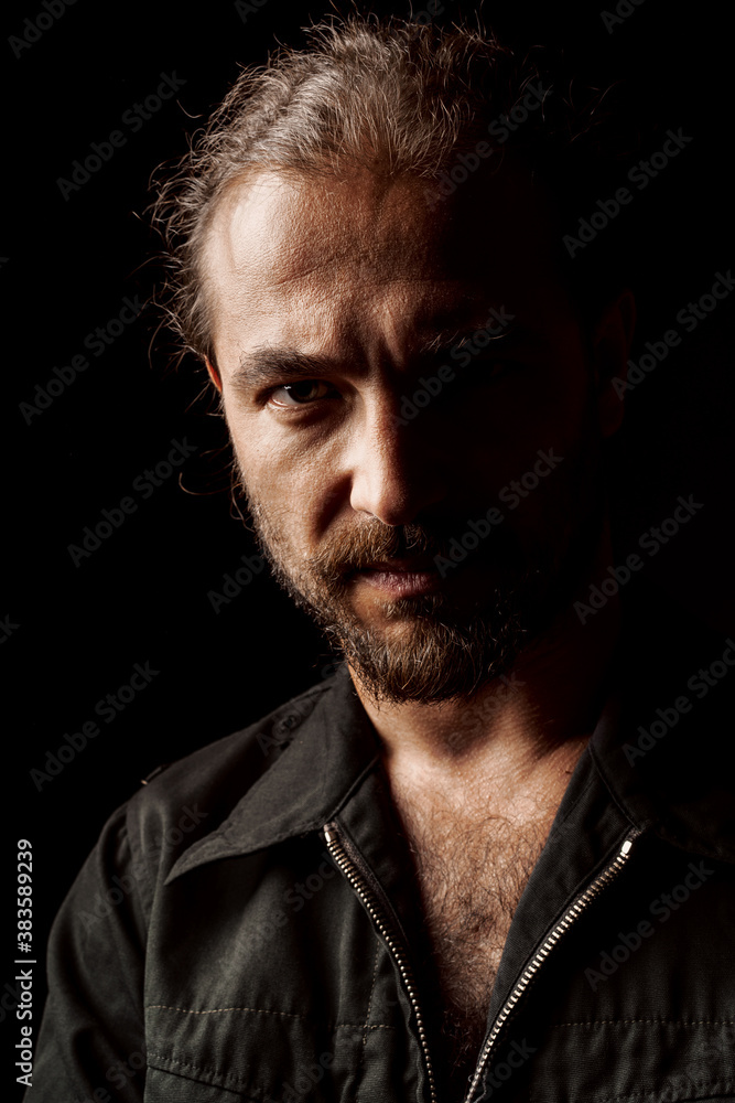Close up portrait of a serious pensive middle-aged bearded man