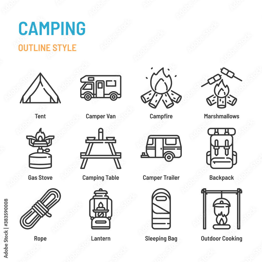 Fototapeta premium Camping Activities in outline icon and symbol set
