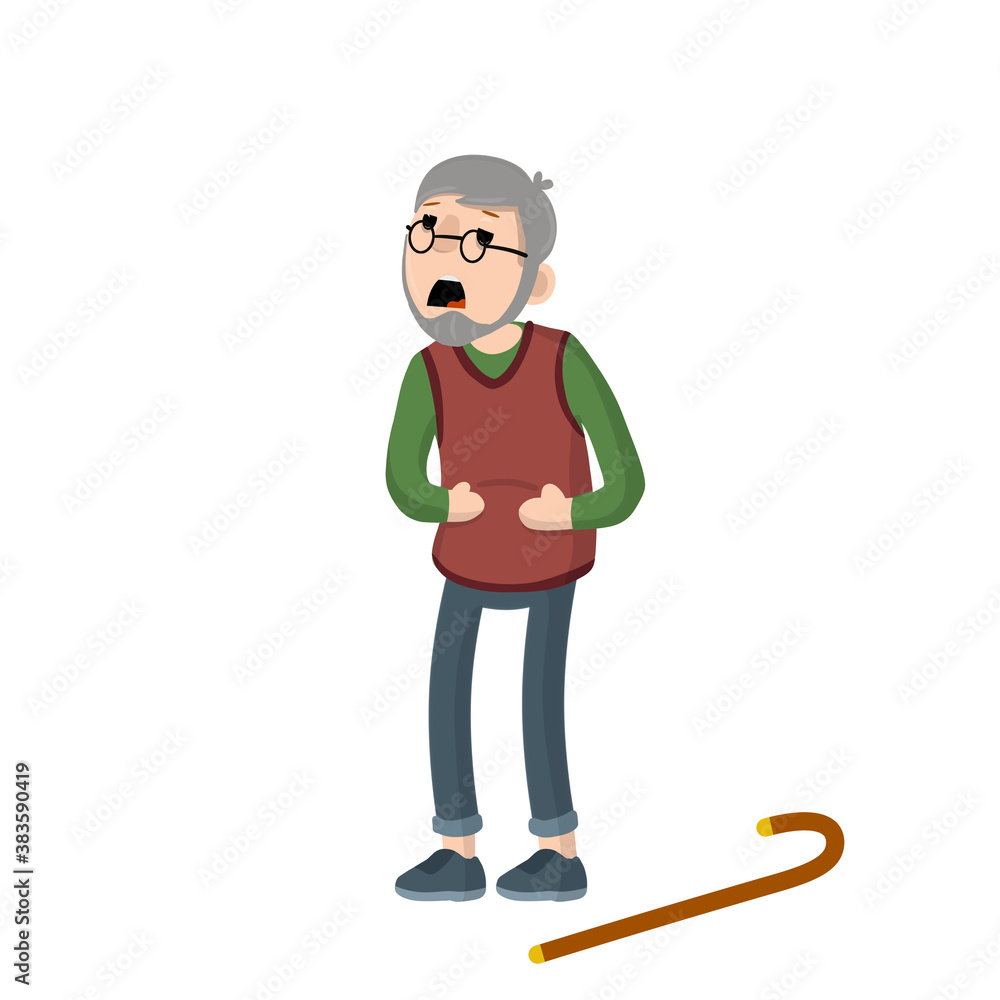 Old man holding his stomach. Senior with griping. Elderly man sick. Vector illustration flat design.