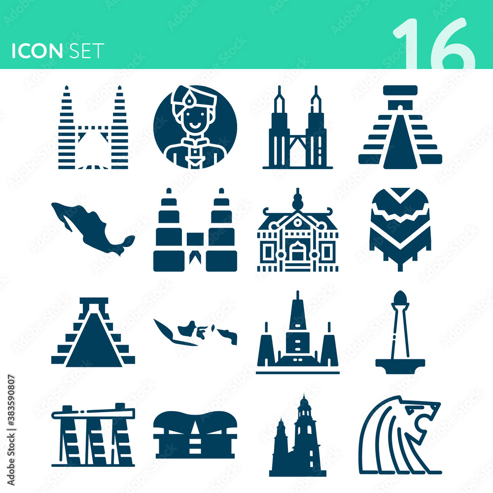 Simple set of 16 icons related to singapore