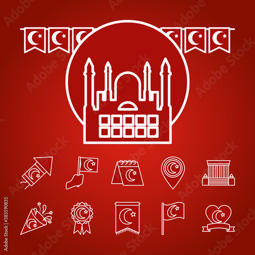 turkish palace and turkey republic day icon set, line style