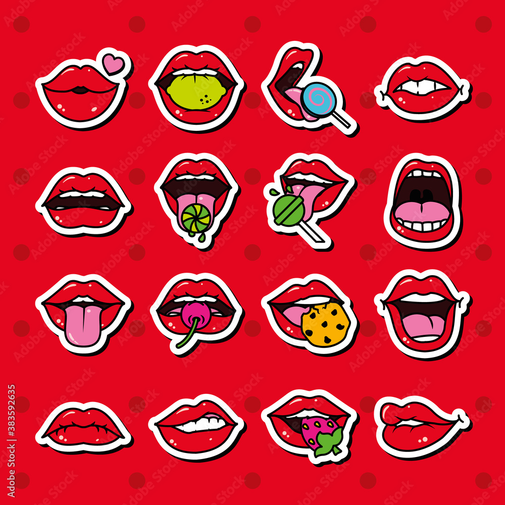 pop art lips with candies icon set, line and fill style