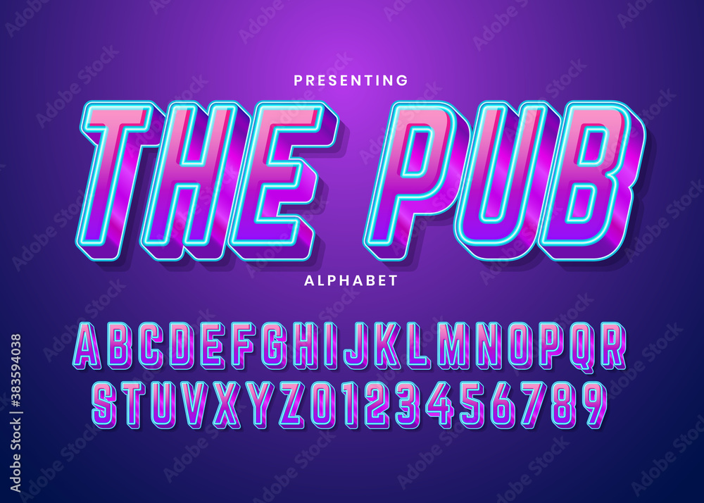 Fototapeta premium Retro Futuristic 80s font style. Vector alphabet with chrome effect template for game title, poster headline, old style