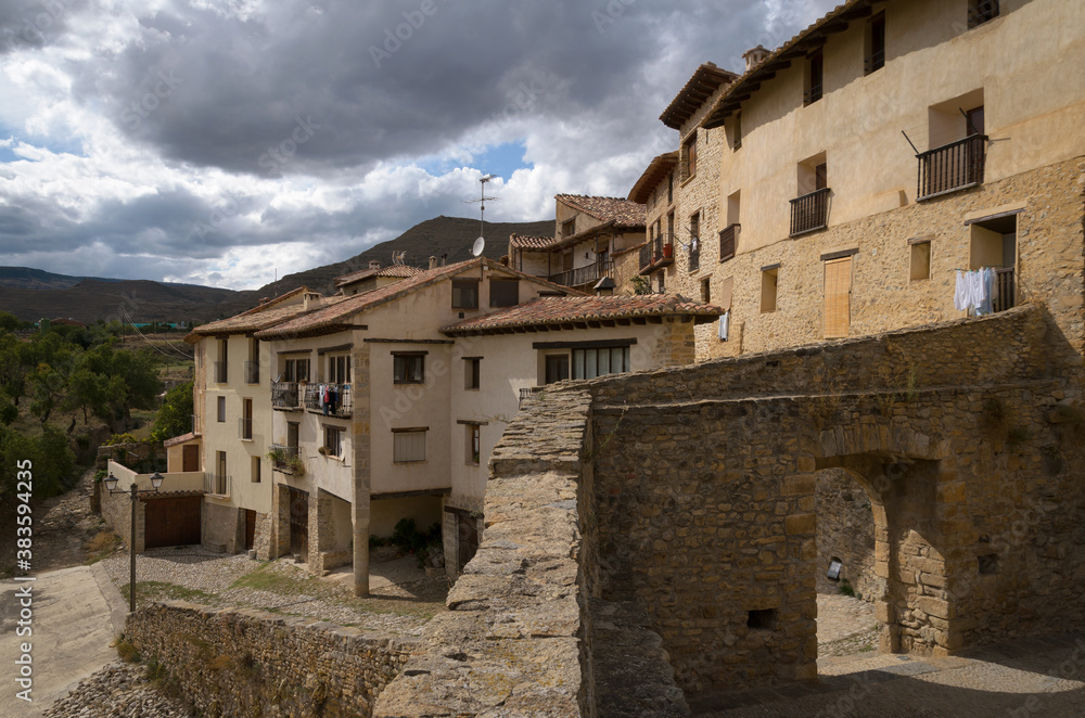 Cobbled streets and traditional stone houses in the medieval village of Mirambel, Teruel , Spain