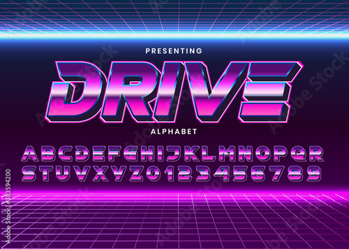 Retro Futuristic 80s font style. Vector alphabet with chrome effect template for game title, poster headline, old style