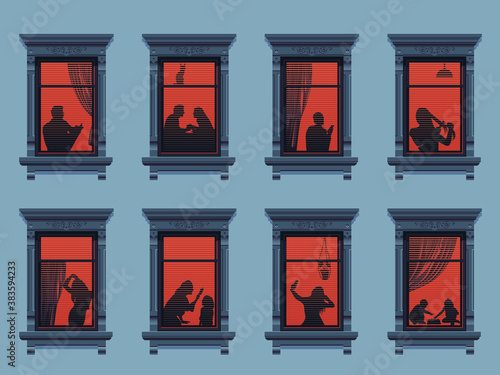 Neighbors in the windows. Cartoon characters in their apartment listen to music, children play and spend time together. Vector. Evening home scene, silhouette or shadow of people in the window