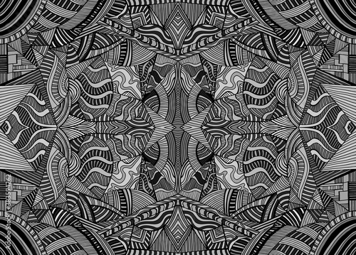 Monochrome psychedelic kaleidoscope  background with many crazy geometric pattern