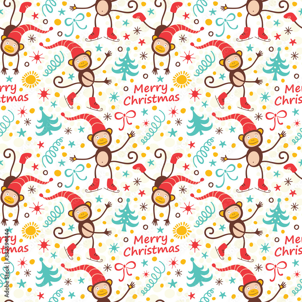 Christmas seamless pattern with funny monkeys.