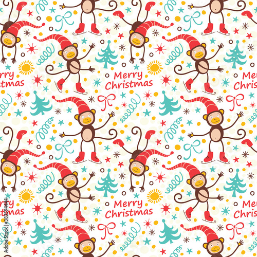 Fototapeta Naklejka Na Ścianę i Meble -  Christmas seamless pattern with funny monkeys.