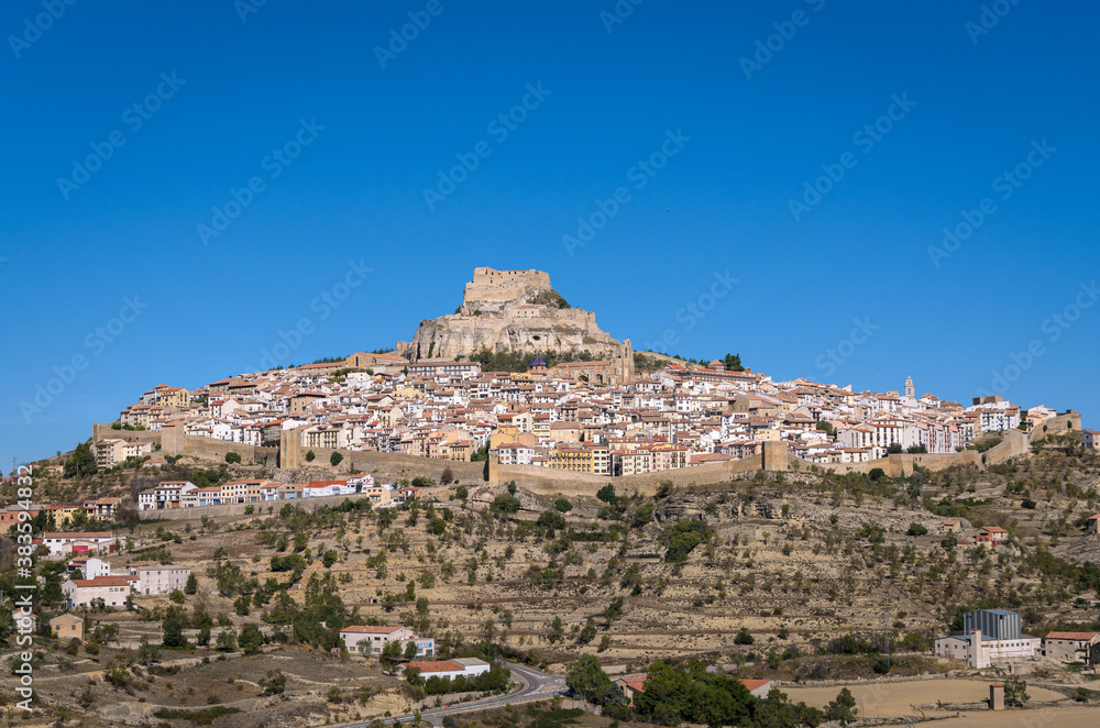 The medieval city of Morella with its walls and the castle on top of the mountain, Morella, Castellon, Spain