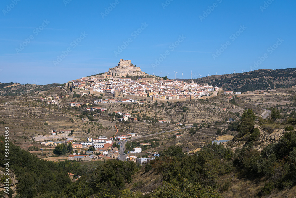 The medieval city of Morella with its walls and the castle on top of the mountain, Morella, Castellon, Spain