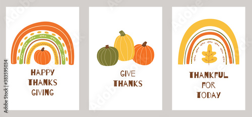 Thanksgiving elements Thanksgiving set Pumpkin rainbow Text Give thanks, thankful. Autumn cards.
