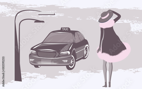 Winter landscape - lantern, taxi girl in hat and coat with fur trim - vector. Fashion beauty. Artificial fur