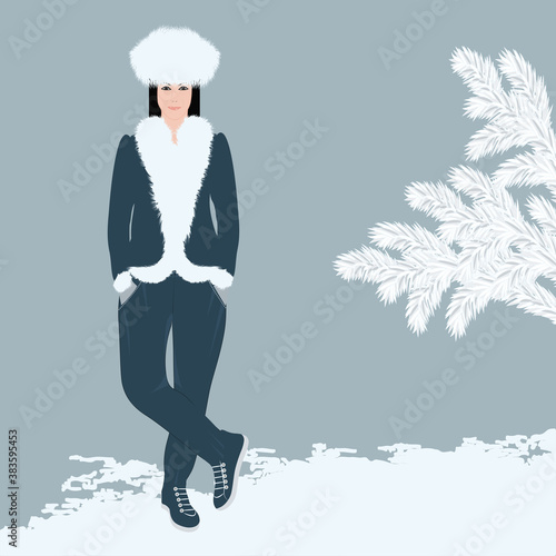 Girl, jacket and hat with fur trim - vector. Winter landscape. Fashion beauty. Artificial fur