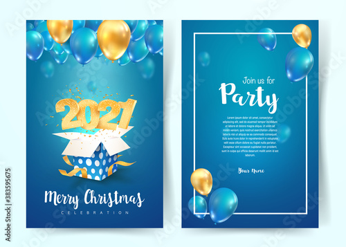 2021 Happy New Year vector invitation card. Merry Christmas celebration brochure. Template Xmas celebrate A4 card on blue background for print on blue background