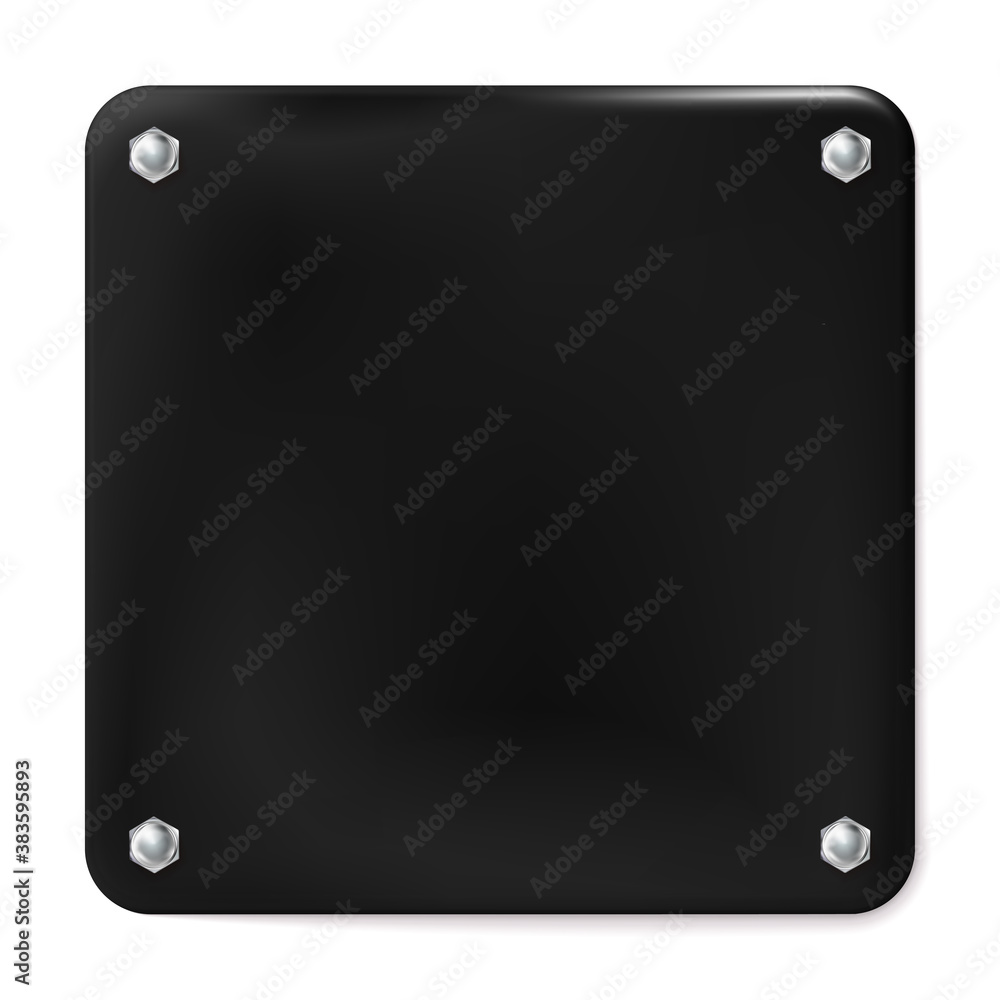 Obraz premium Black square painted plate with screws isolated on white background. Style for graphic and web design, label, template. Vector illustration