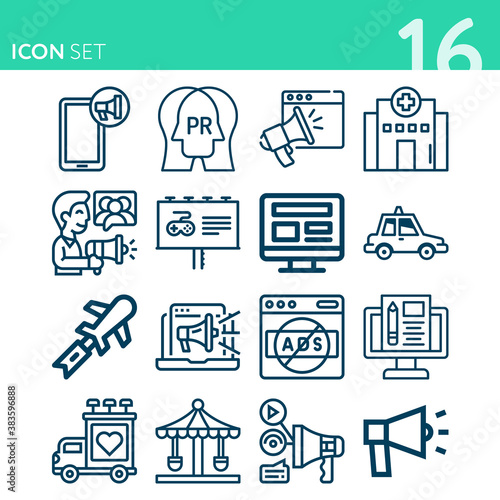Simple set of 16 icons related to publicity
