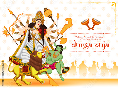 Illustration of maa durga kill mahishasur and couple dancing with dhunchi for celebration Durga puja or subho bijoya.