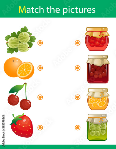 Matching game, education game for children. Puzzle for kids. Match the right object. Fruits, berries and jam from them. Gooseberry, orange, cherry, strawberry.