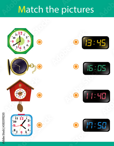 Matching game, education game for children. Puzzle for kids. Match the right object. Watches and time.