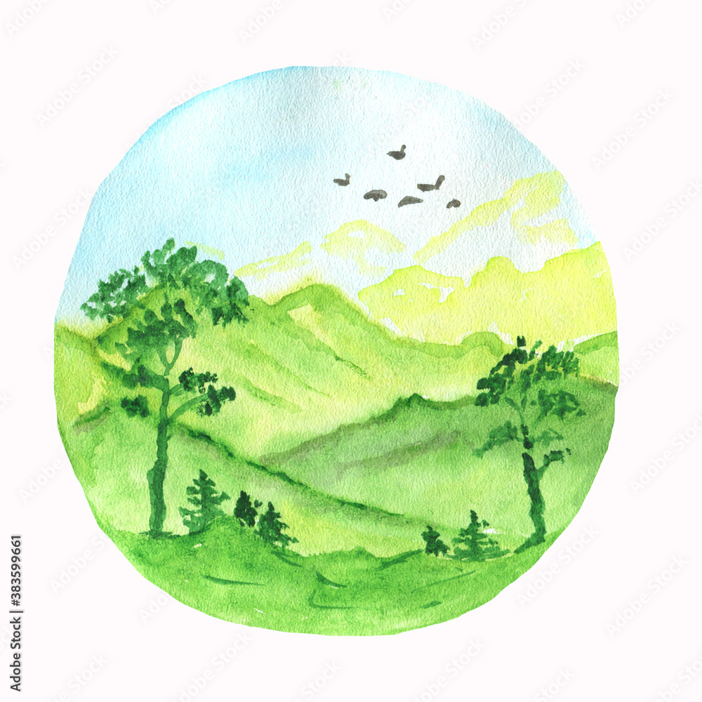 Watercolor clipart Mountains Lake Trees Watercolor clouds Instant download DIY PNG Mountain