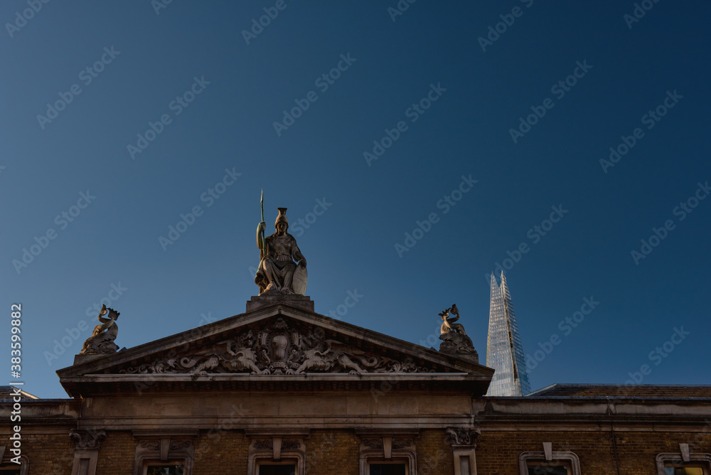 Decorative pediment of the Old Billingsgate building, London, England 
