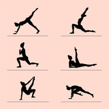 Young woman is exercising. Black silhouettes of 6 exercises. Vector illustration