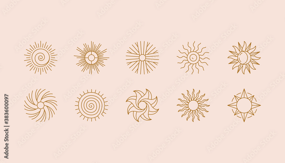 Vector set of linear boho icons and symbols - sun logo design templates  - abstract design elements for decoration in modern minimalist style for social media posts