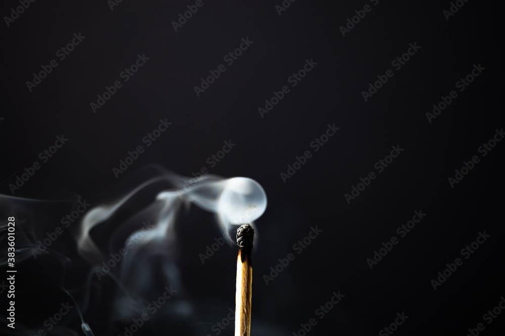 Unlit wooden match giving off smoke with black background. Frontal Plane. Unlit wooden match giving off smoke with black background. Frontal Plane.