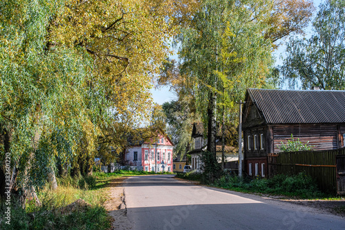 Landscape with the image of a vintage houses in Ostashkov town in Russia